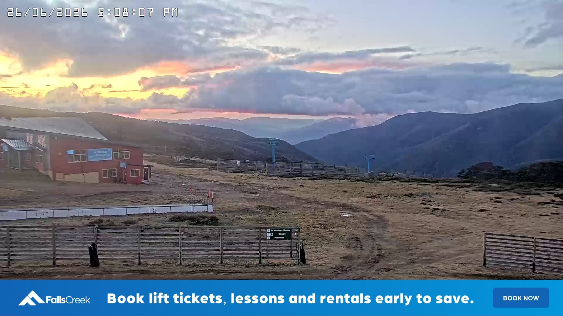 Falls Creek Cloud 9 snow cam captured at 26 June 2026 at 5:10 pm AEST