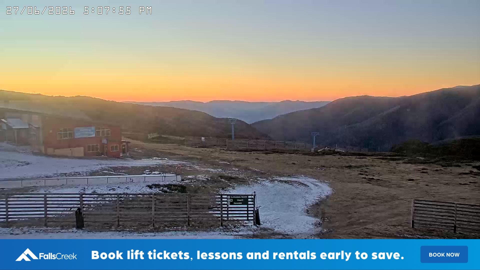 Falls Creek Cloud 9 snow cam captured at 27 June 2026 at 5:14 pm AEST