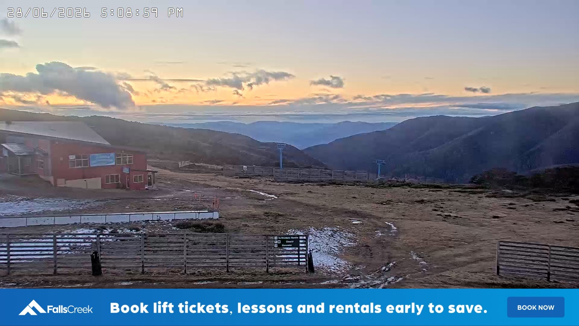 Falls Creek Cloud 9 snow cam captured at 28 June 2026 at 5:13 pm AEST
