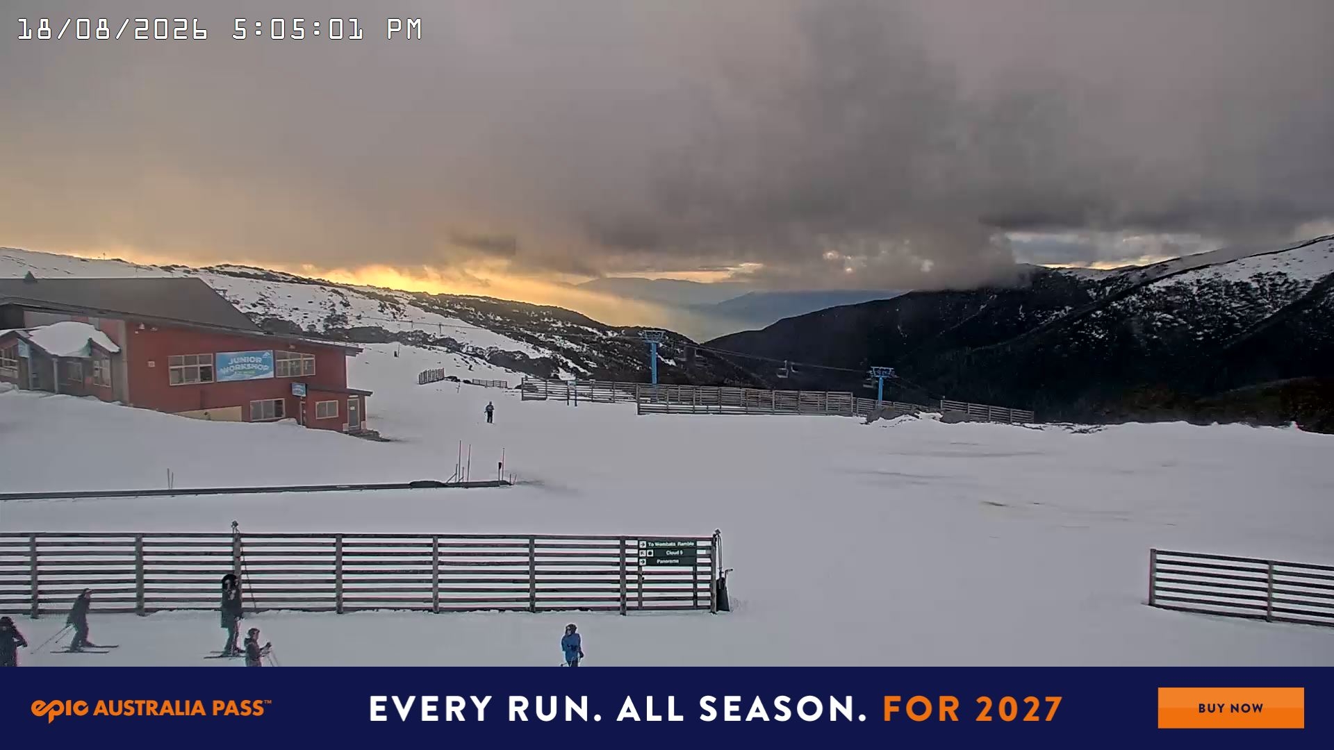 Falls Creek Cloud 9 snow cam captured at 18 August 2026 at 5:10 pm AEST