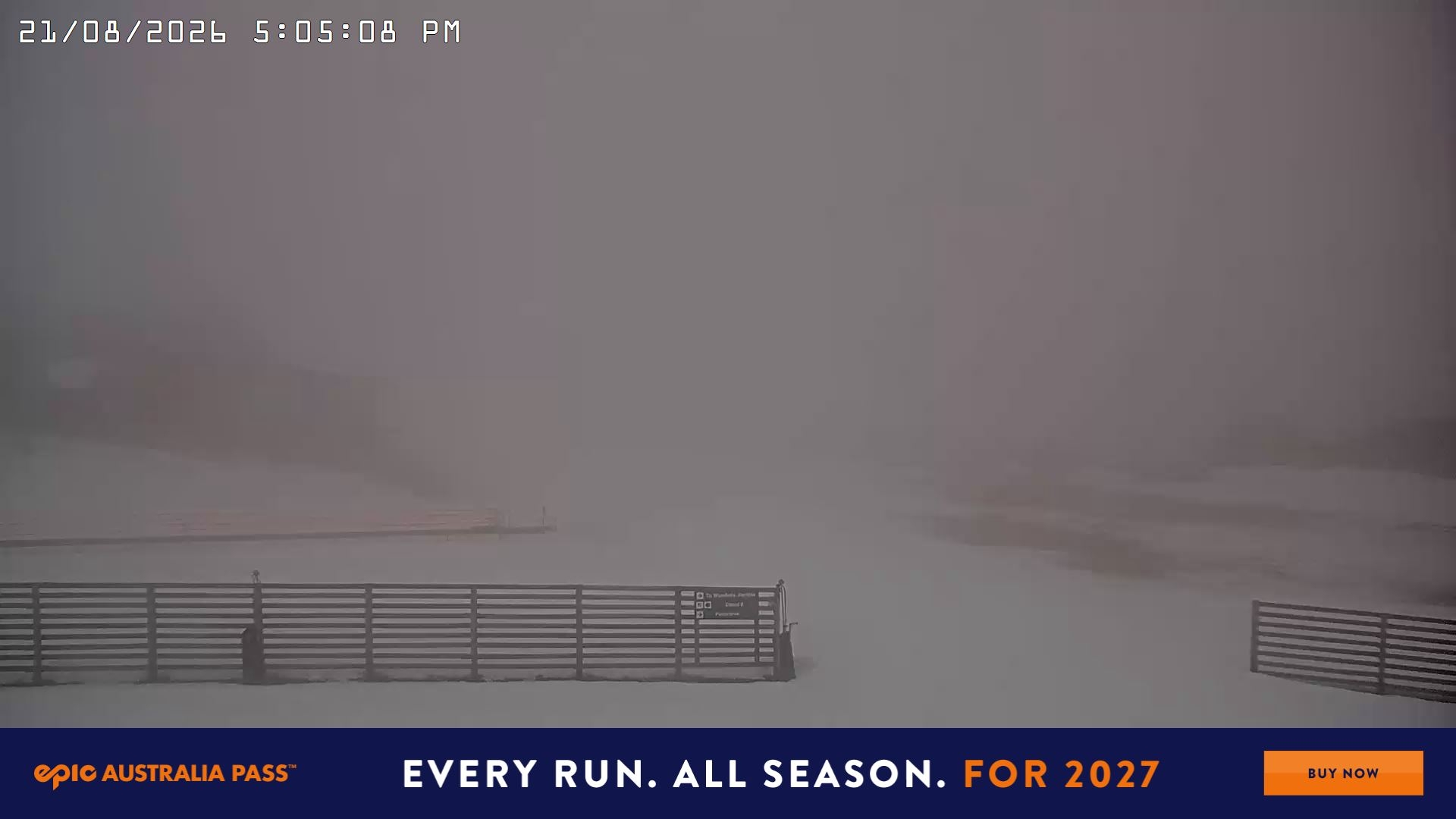 Falls Creek Cloud 9 snow cam captured at 21 August 2026 at 5:13 pm AEST