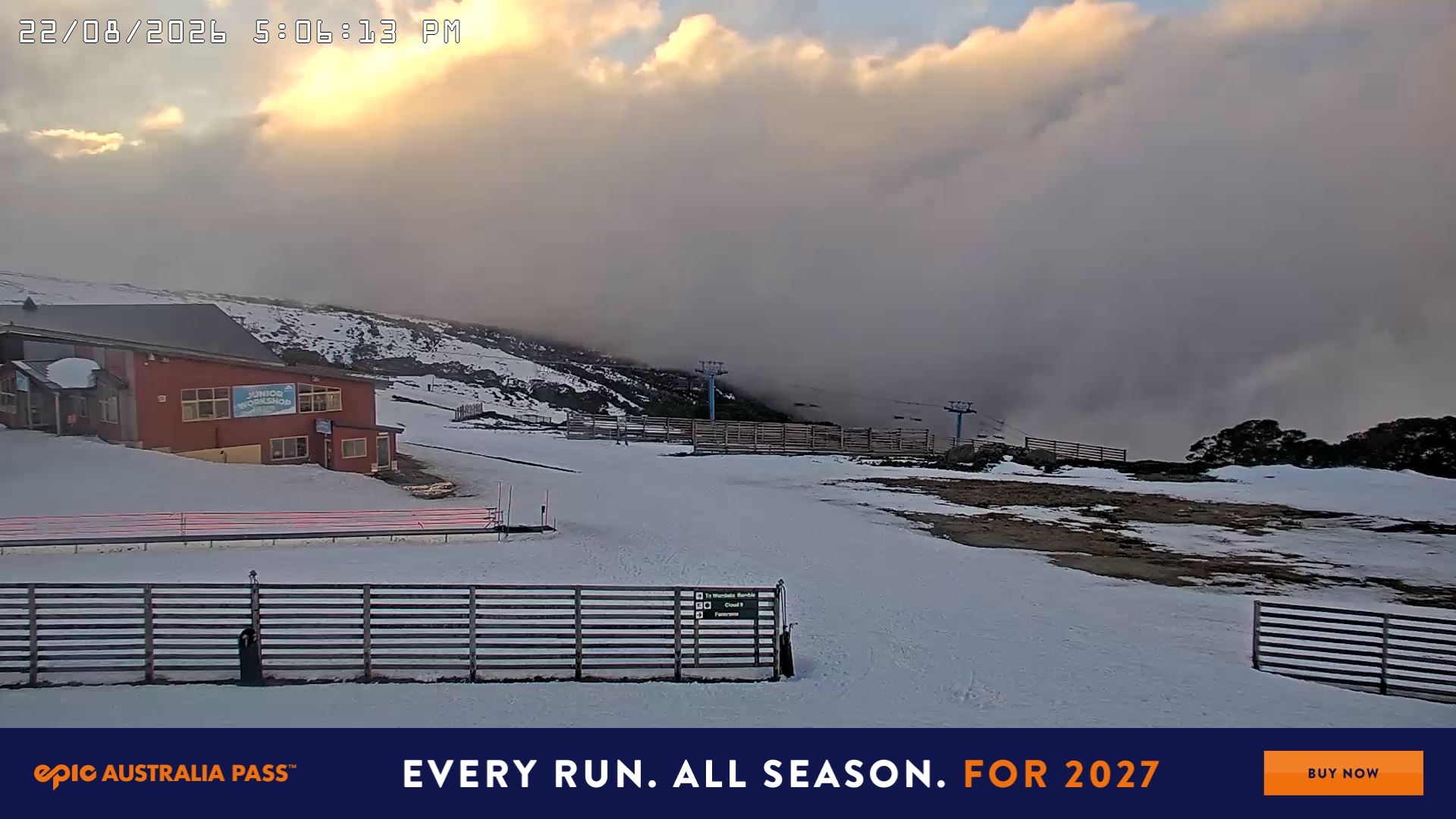 Falls Creek Cloud 9 snow cam captured at 22 August 2026 at 5:13 pm AEST