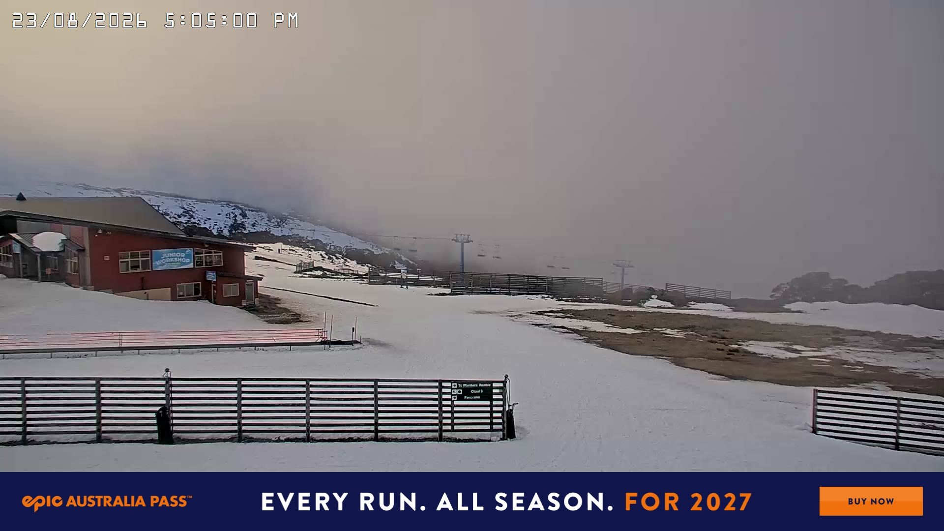 Falls Creek Cloud 9 snow cam captured at 23 August 2026 at 5:14 pm AEST