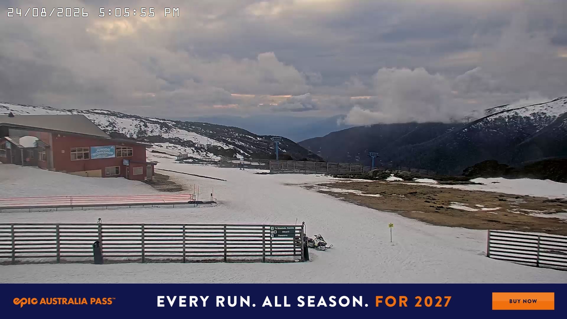 Falls Creek Cloud 9 snow cam captured at 24 August 2026 at 5:16 pm AEST
