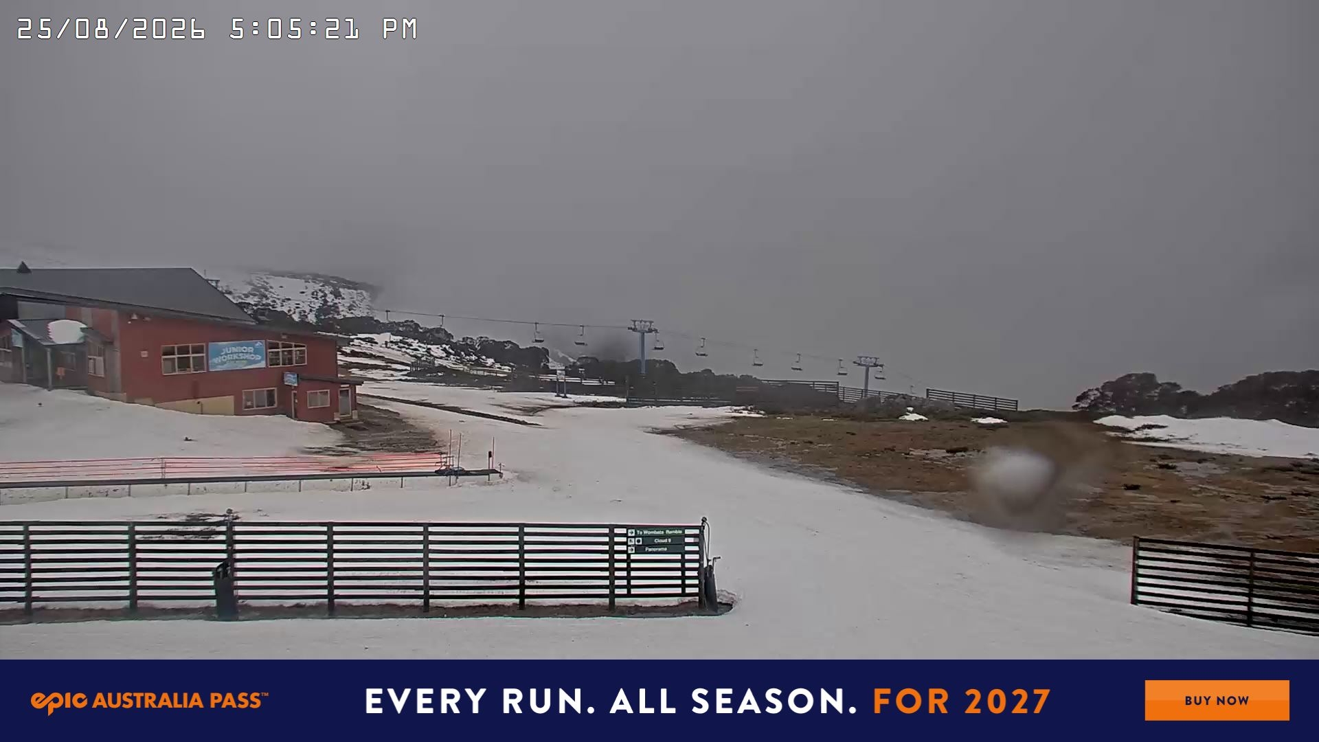 Falls Creek Cloud 9 snow cam captured at 25 August 2026 at 5:17 pm AEST