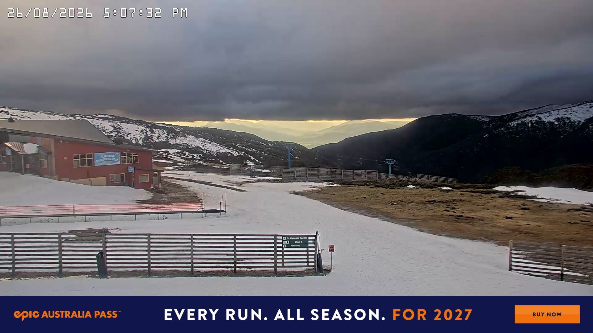 Falls Creek Cloud 9 snow cam captured at 26 August 2026 at 5:18 pm AEST