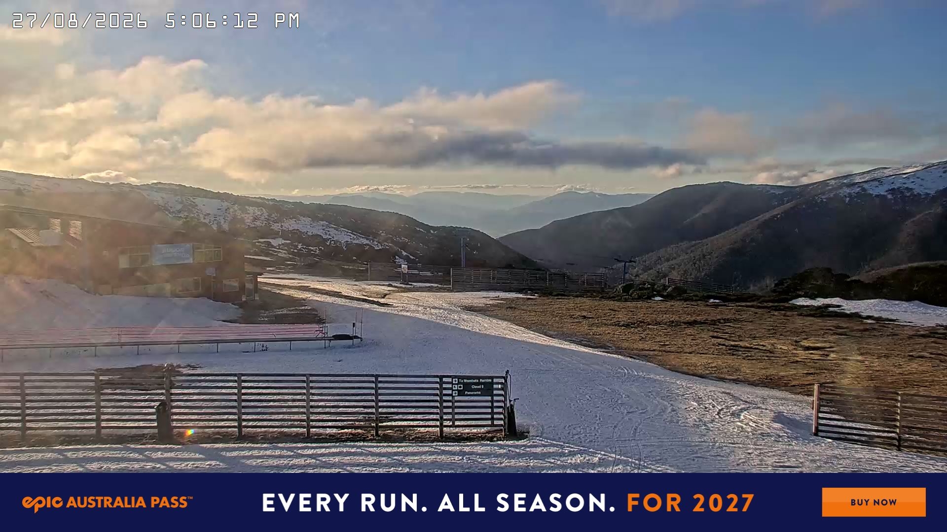 Falls Creek Cloud 9 snow cam captured at 27 August 2026 at 5:19 pm AEST