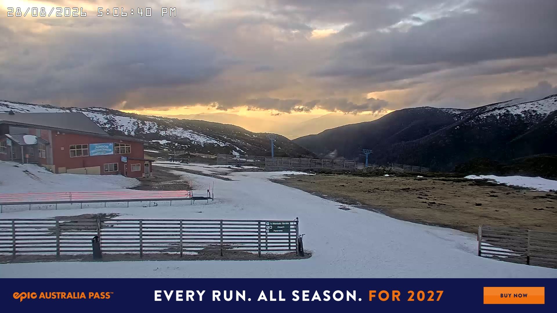 Falls Creek Cloud 9 snow cam captured at 28 August 2026 at 5:10 pm AEST