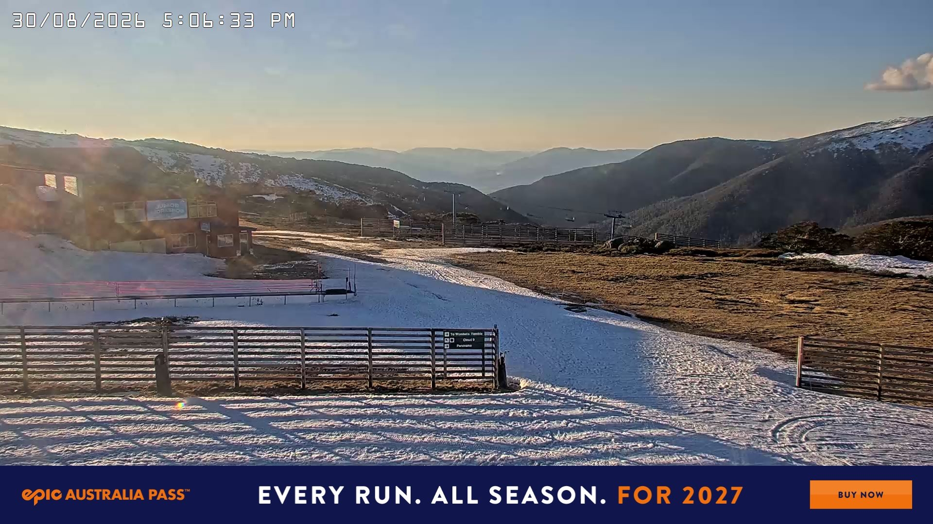 Falls Creek Cloud 9 snow cam captured at 30 August 2026 at 5:12 pm AEST