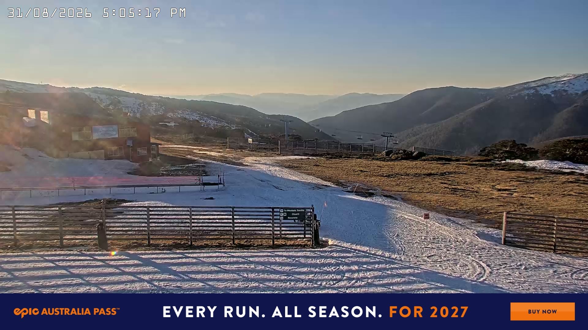 Falls Creek Cloud 9 snow cam captured at 31 August 2026 at 5:13 pm AEST