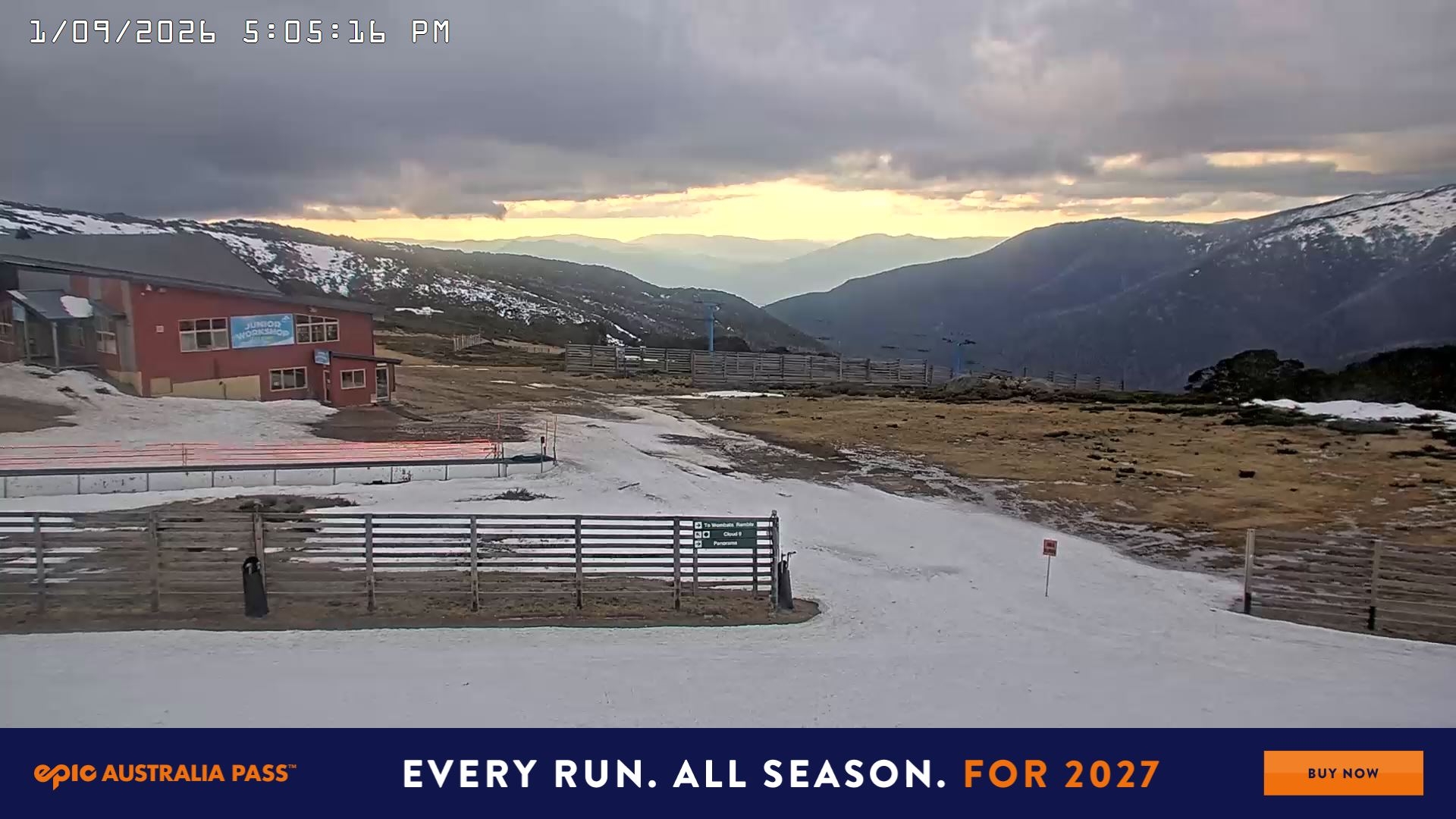 Falls Creek Cloud 9 snow cam captured at 1 September 2026 at 5:41 pm AEST