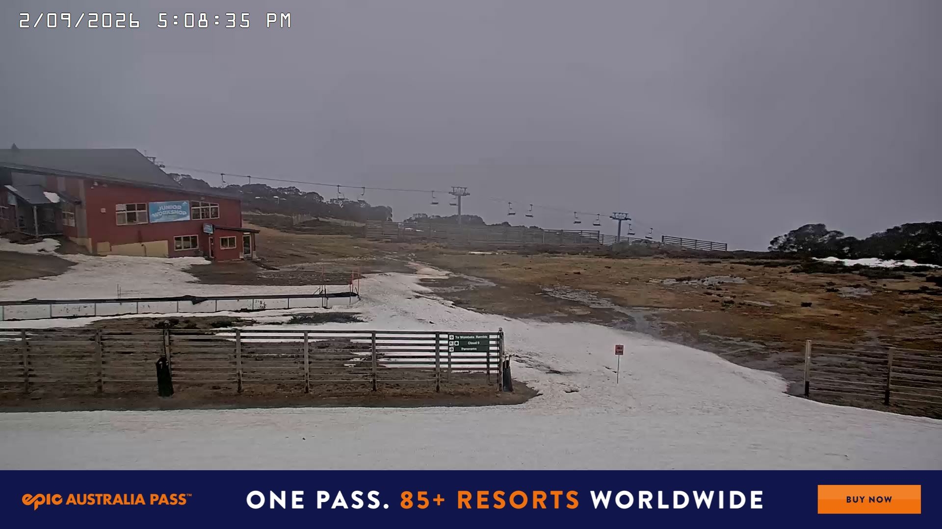 Falls Creek Cloud 9 snow cam captured at 2 September 2026 at 5:15 pm AEST