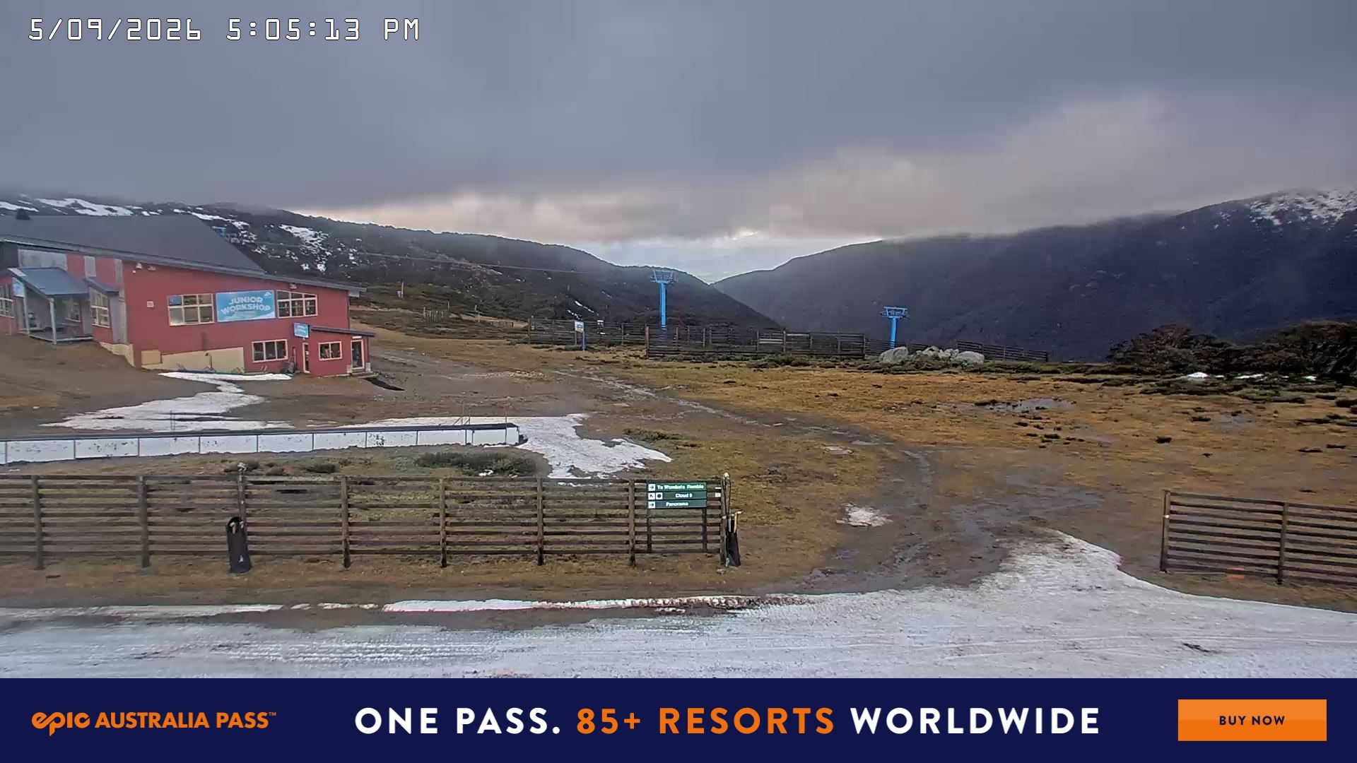 Falls Creek Cloud 9 snow cam captured at 5 September 2026 at 5:10 pm AEST
