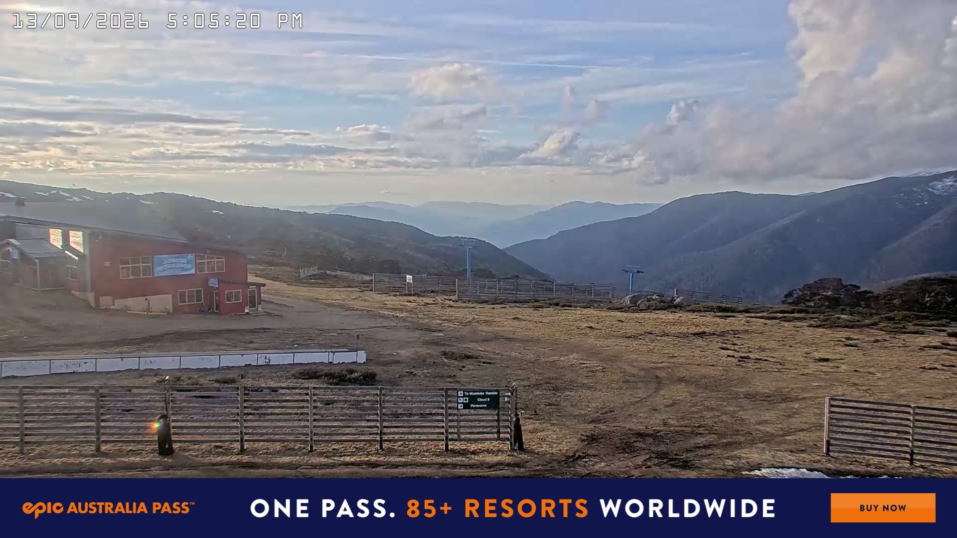 Falls Creek Cloud 9 snow cam captured at 13 September 2026 at 5:15 pm AEST