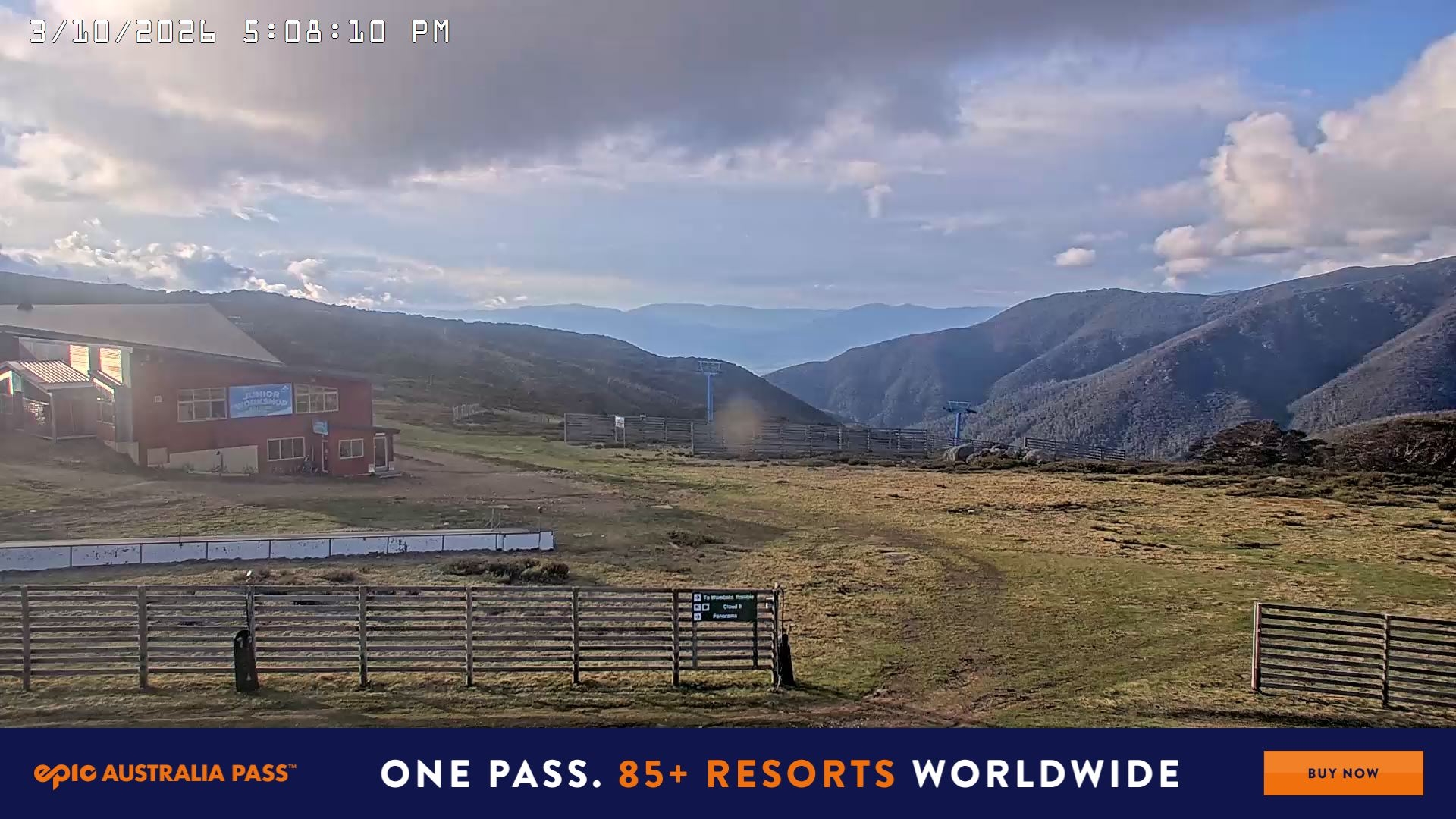 Falls Creek Cloud 9 snow cam captured at 3 October 2026 at 5:21 pm AEST