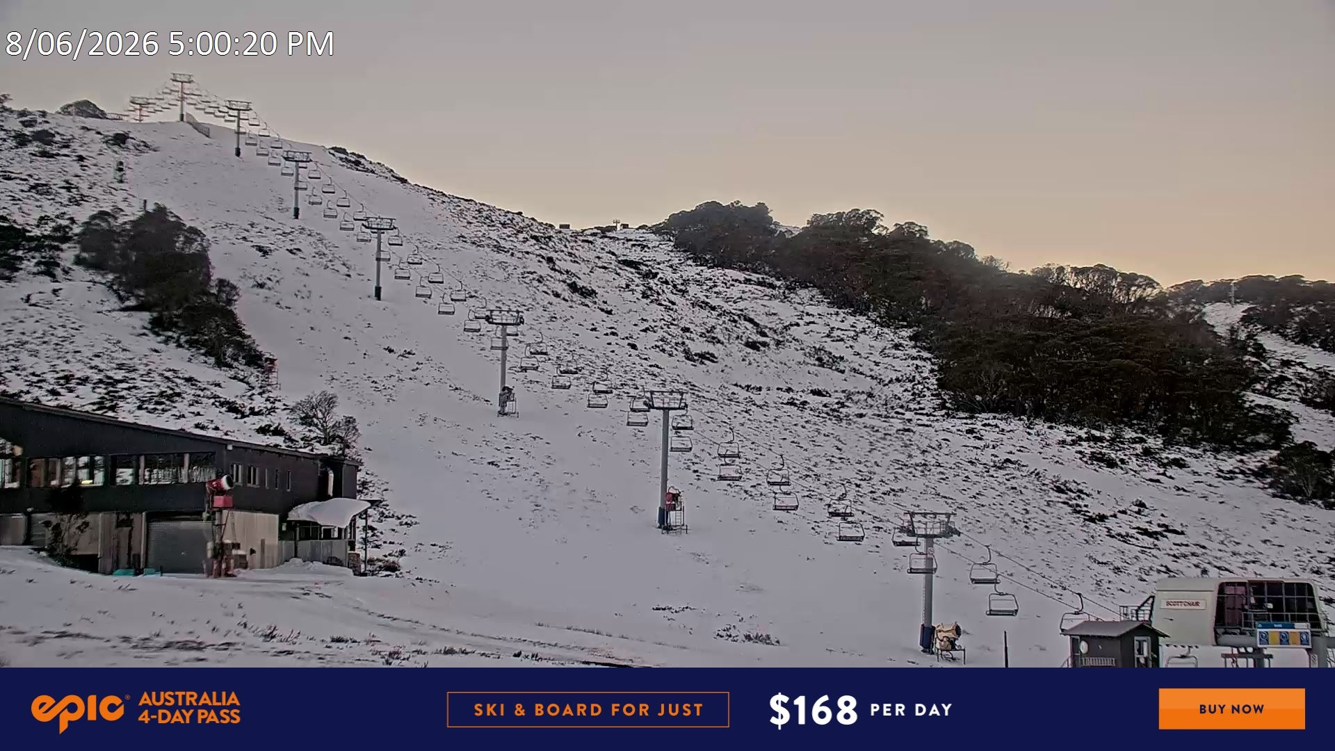 Falls Creek Scott Chair snow cam captured at 8 June 2026 at 6:22 pm AEST
