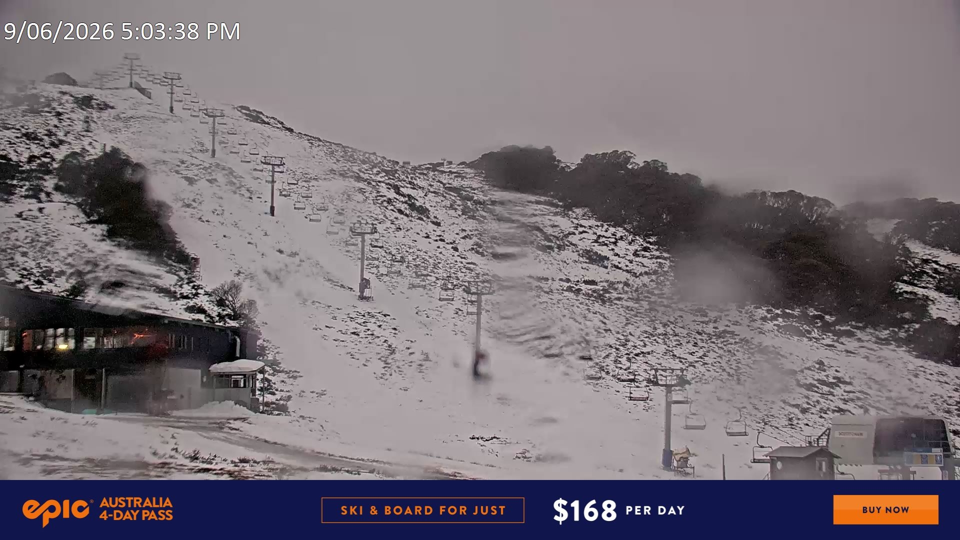 Falls Creek Scott Chair snow cam captured at 9 June 2026 at 5:11 pm AEST