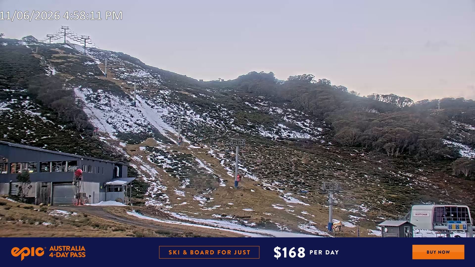 Falls Creek Scott Chair snow cam captured at 11 June 2026 at 5:02 pm AEST