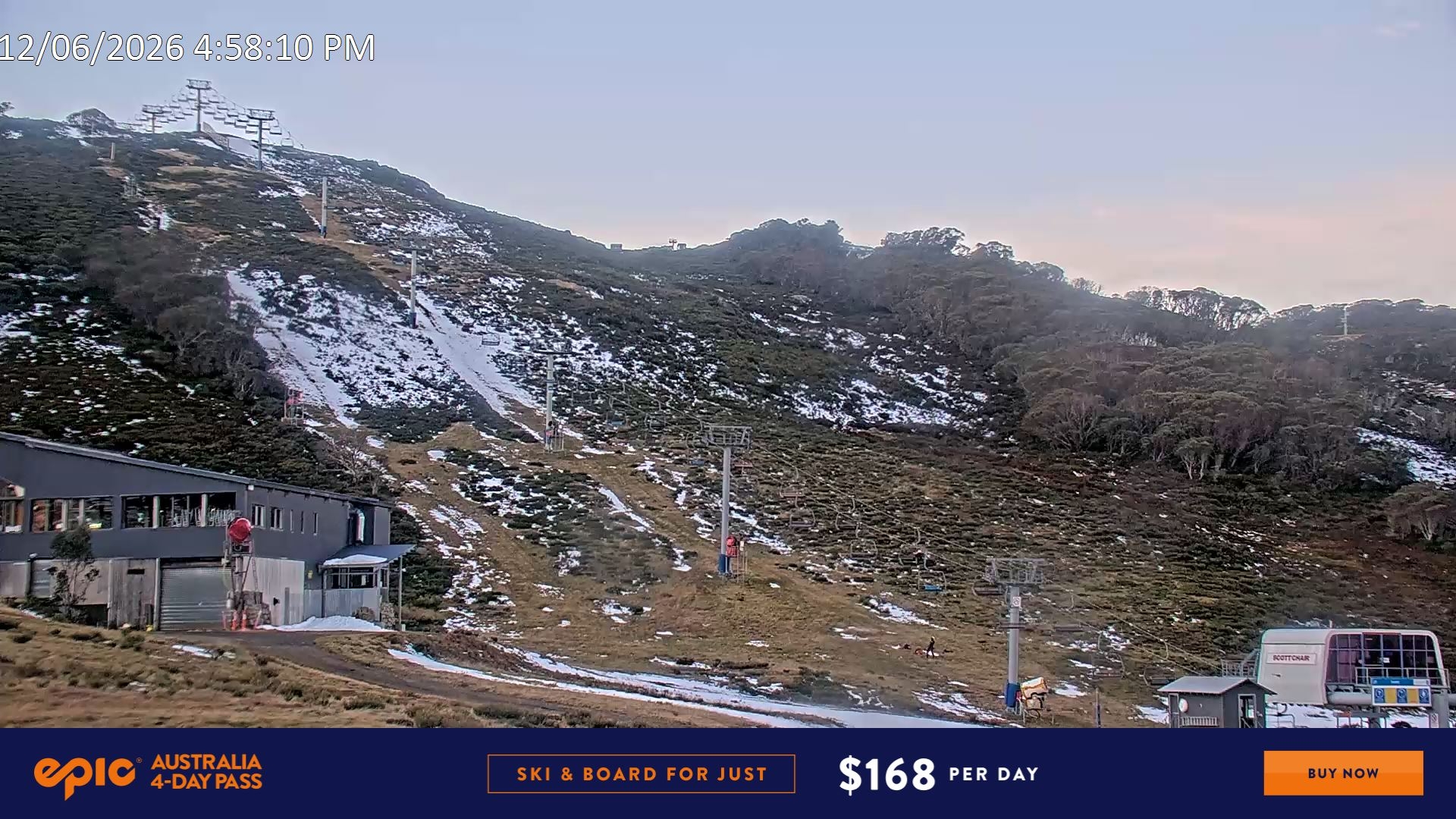 Falls Creek Scott Chair snow cam captured at 12 June 2026 at 5:02 pm AEST