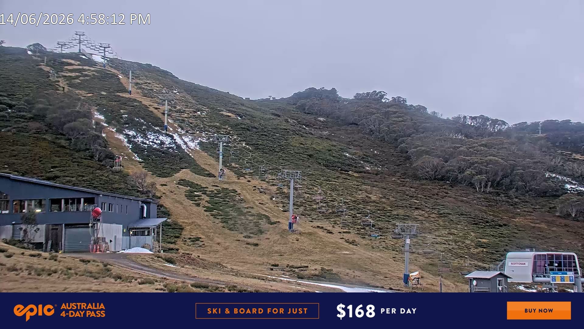 Falls Creek Scott Chair snow cam captured at 14 June 2026 at 5:01 pm AEST