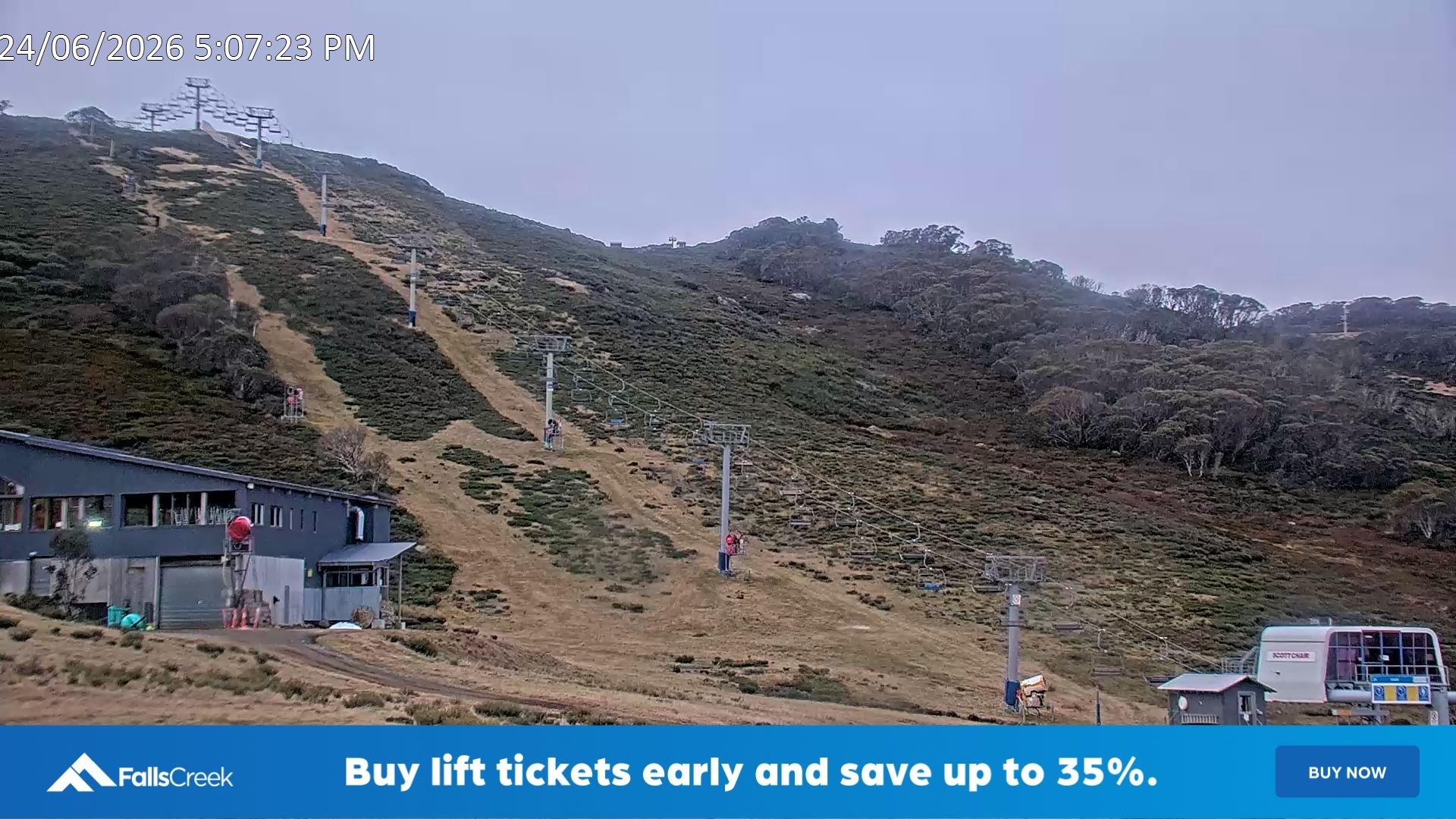Falls Creek Scott Chair snow cam captured at 24 June 2026 at 5:10 pm AEST