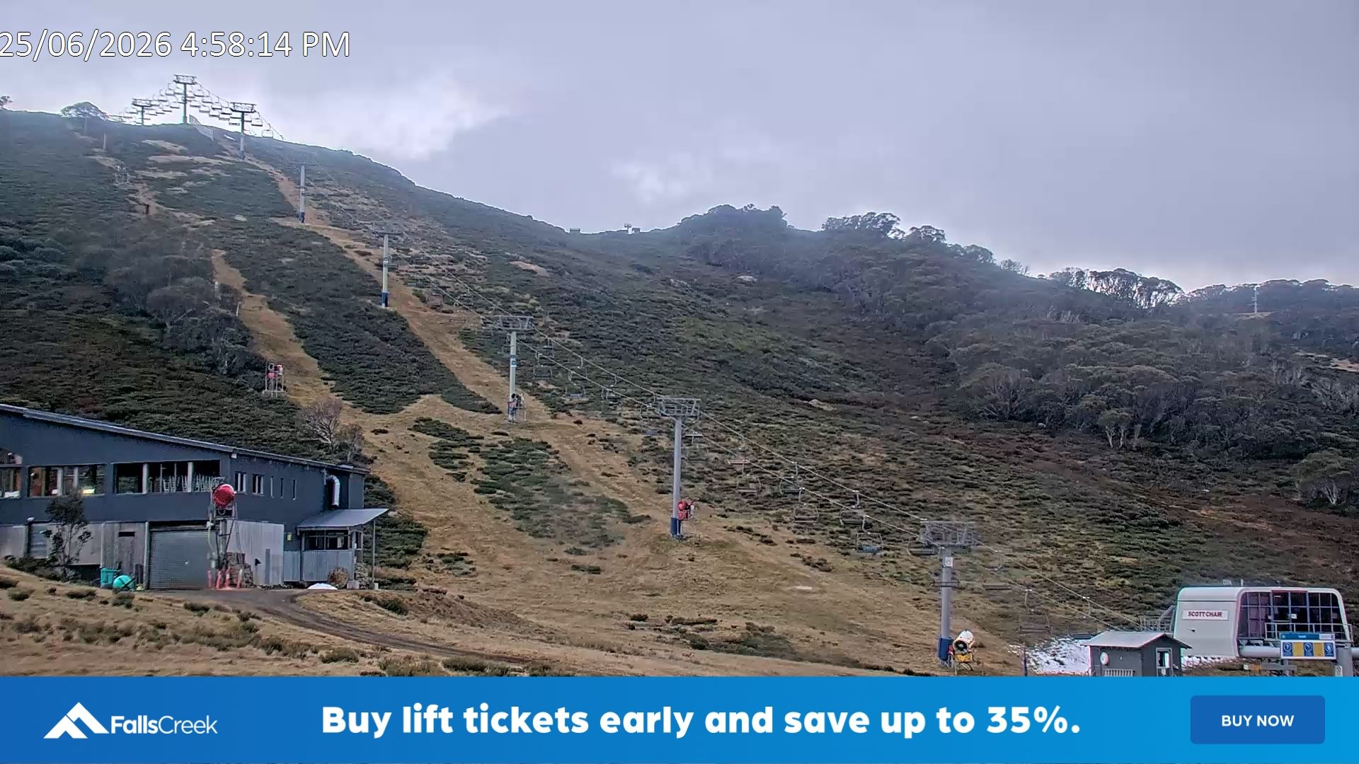 Falls Creek Scott Chair snow cam captured at 25 June 2026 at 5:04 pm AEST