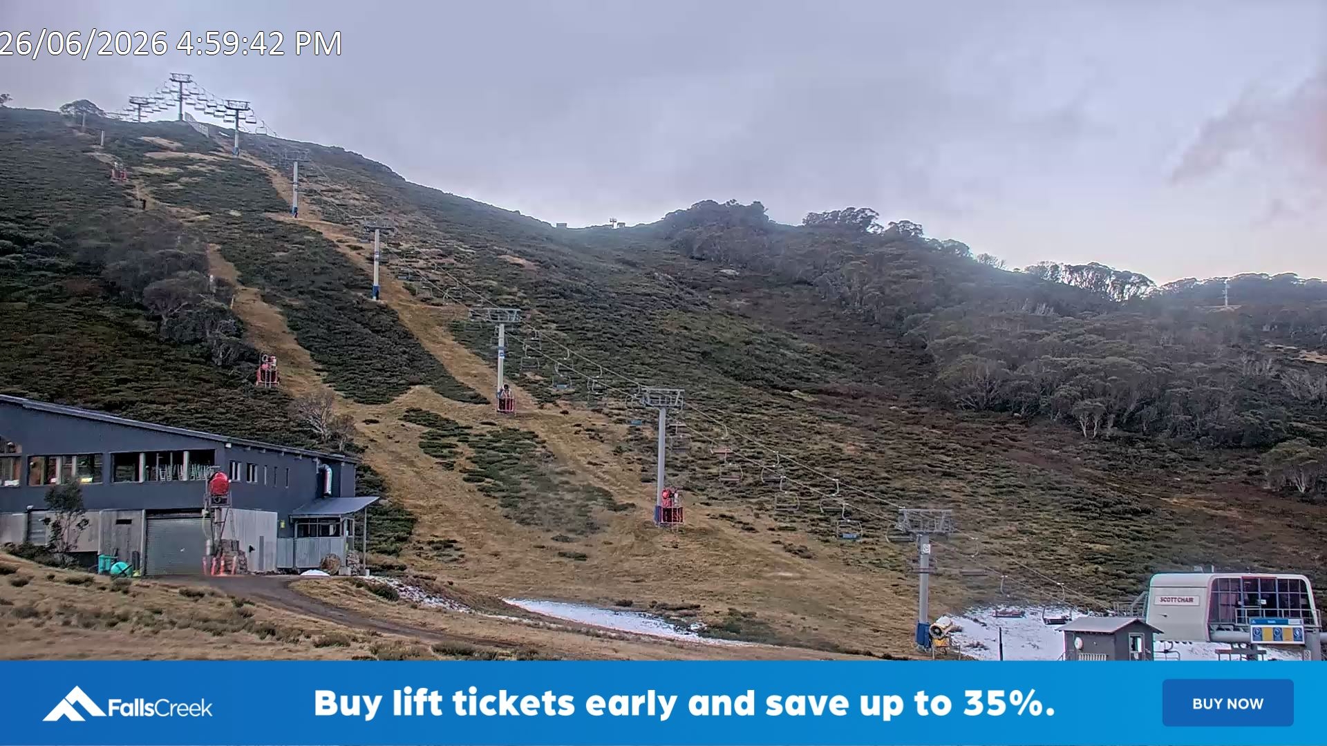 Falls Creek Scott Chair snow cam captured at 26 June 2026 at 5:04 pm AEST
