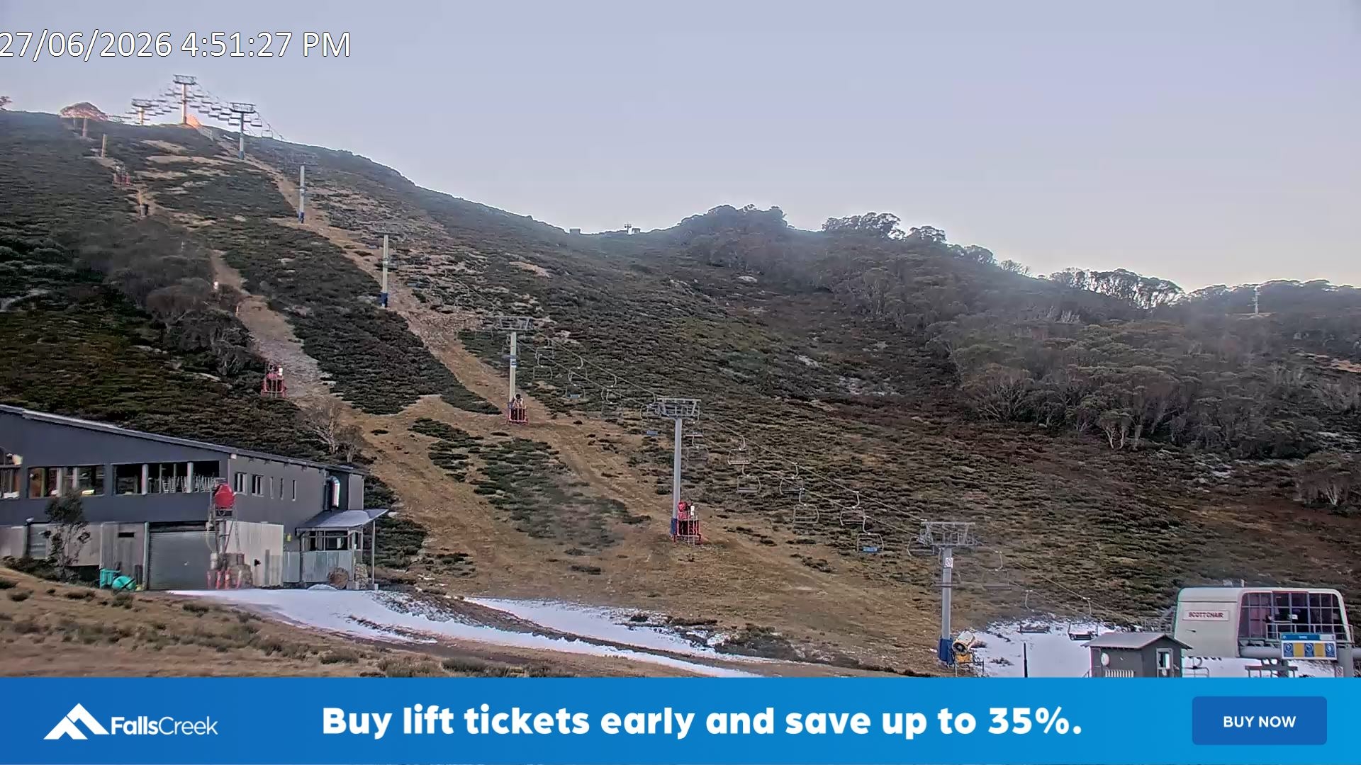 Falls Creek Scott Chair snow cam captured at 27 June 2026 at 5:02 pm AEST
