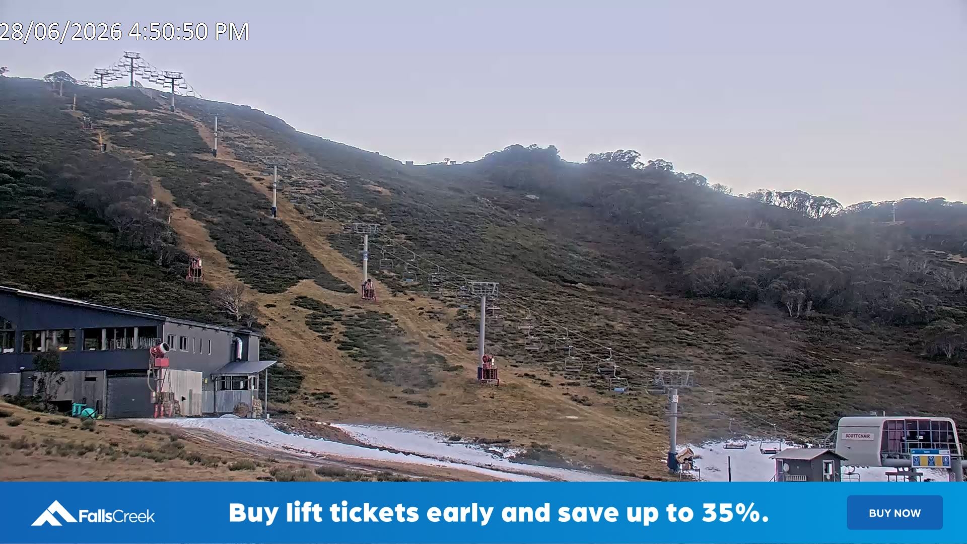 Falls Creek Scott Chair snow cam captured at 28 June 2026 at 5:01 pm AEST