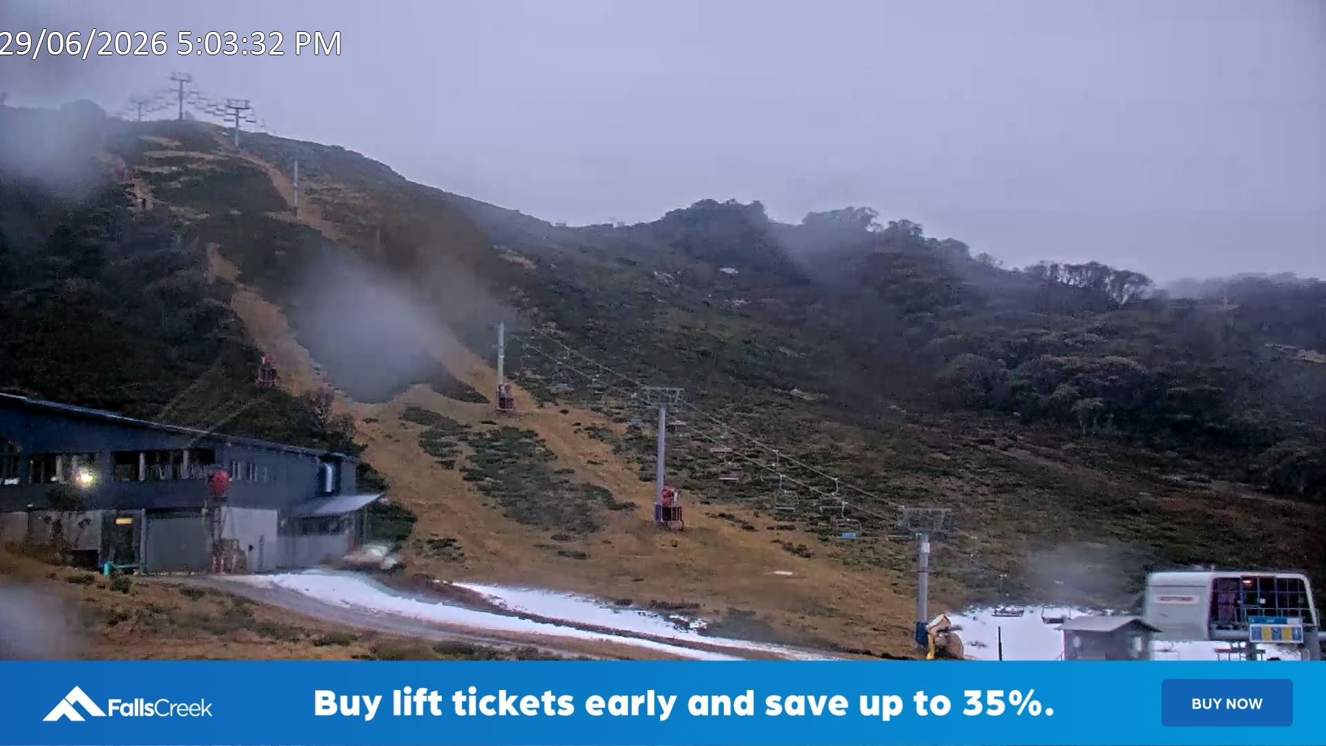 Falls Creek Scott Chair snow cam captured at 29 June 2026 at 5:12 pm AEST