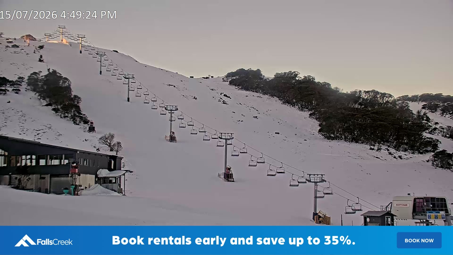 Falls Creek Scott Chair snow cam captured at 15 July 2026 at 4:56 pm AEST
