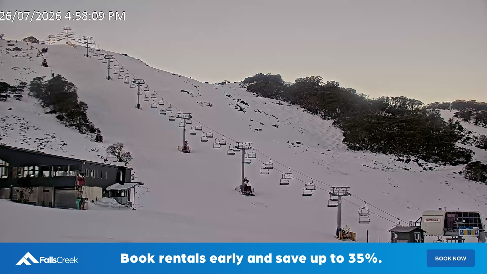 Falls Creek Scott Chair snow cam captured at 26 July 2026 at 5:09 pm AEST