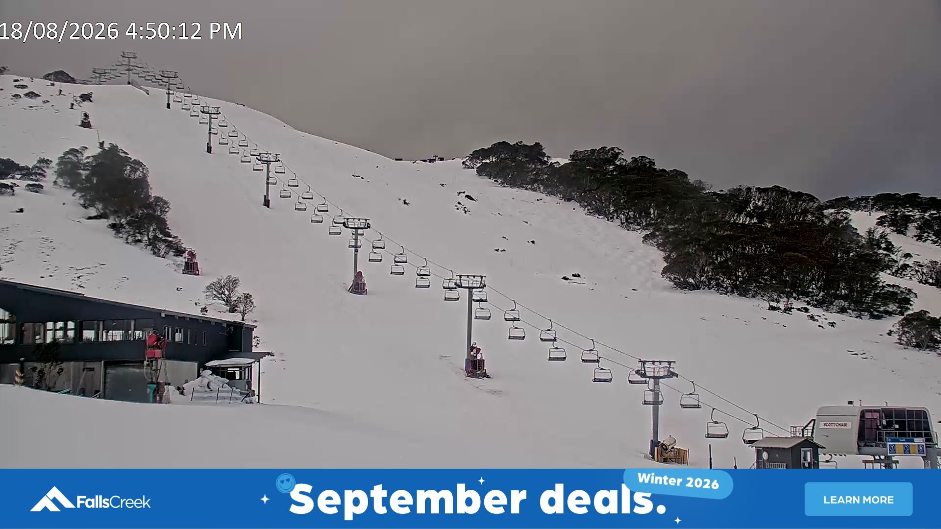 Falls Creek Scott Chair snow cam captured at 18 August 2026 at 5:00 pm AEST