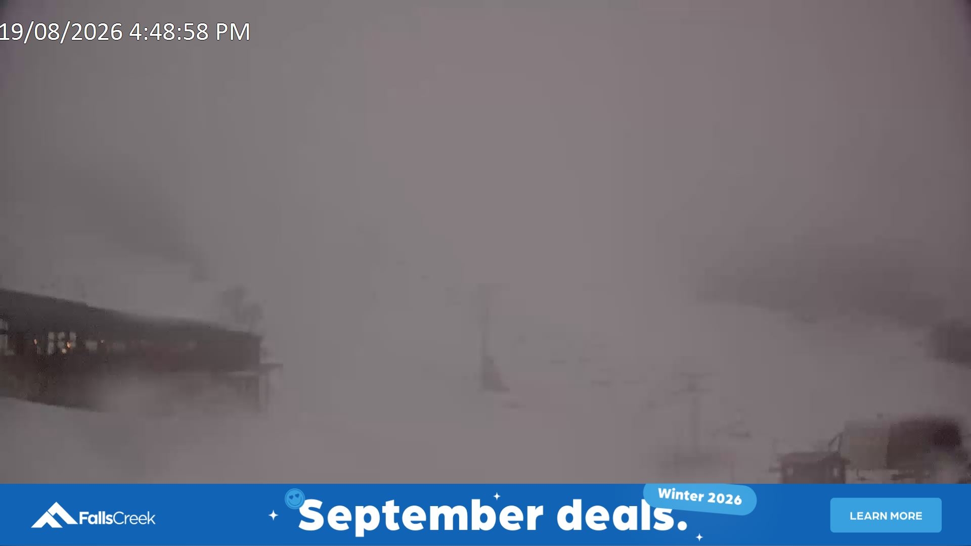 Falls Creek Scott Chair snow cam captured at 19 August 2026 at 4:50 pm AEST