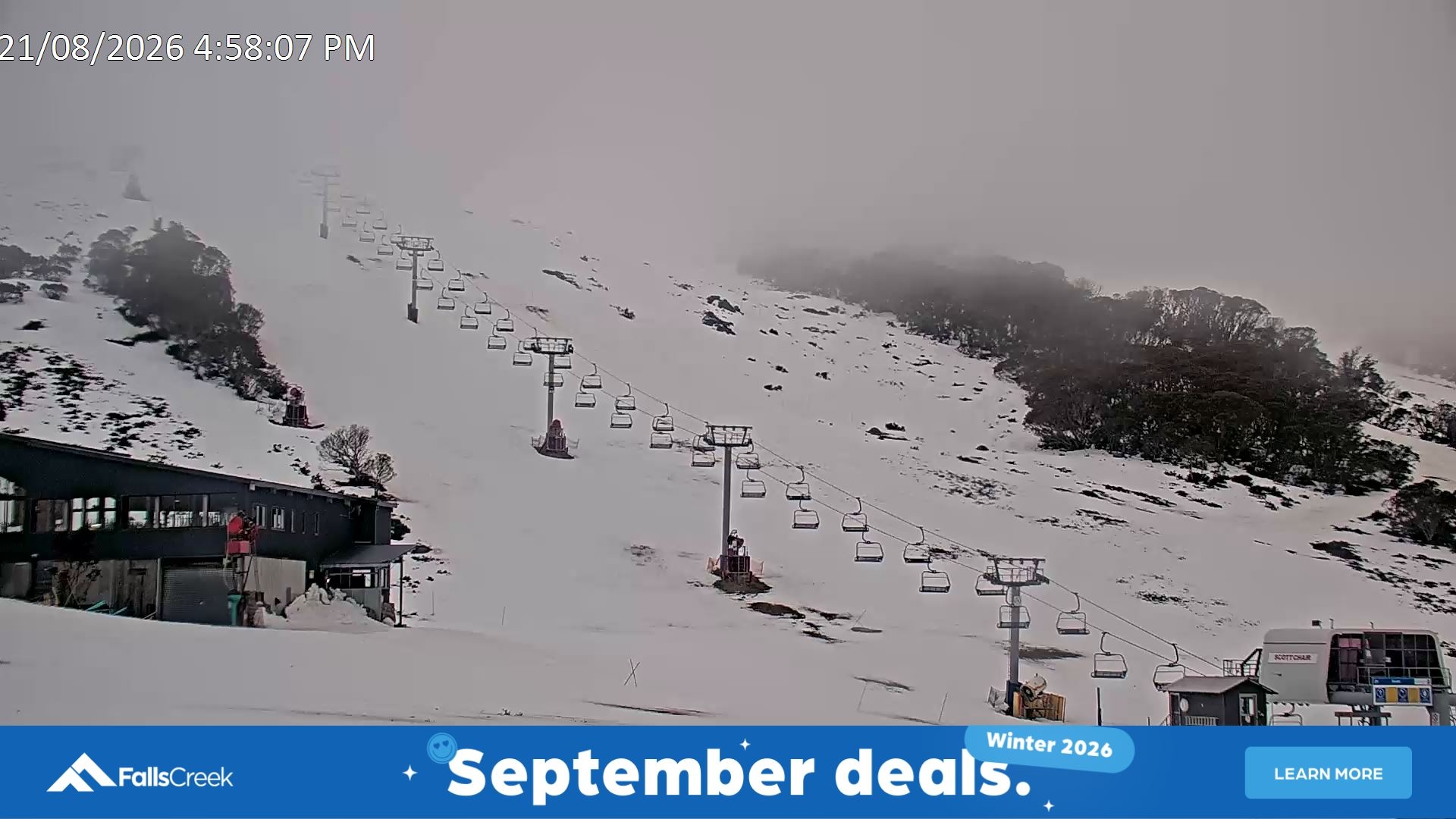 Falls Creek Scott Chair snow cam captured at 21 August 2026 at 5:05 pm AEST