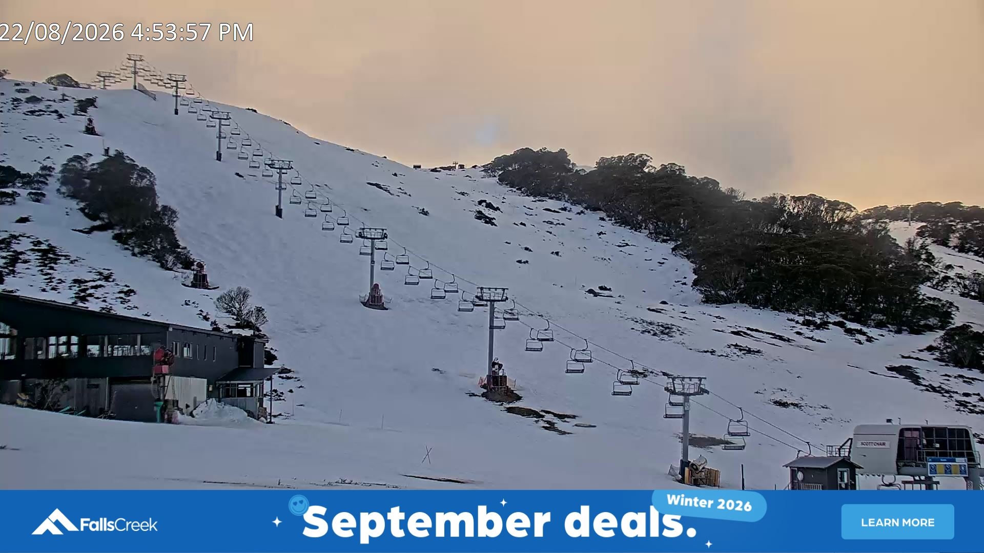 Falls Creek Scott Chair snow cam captured at 22 August 2026 at 5:06 pm AEST