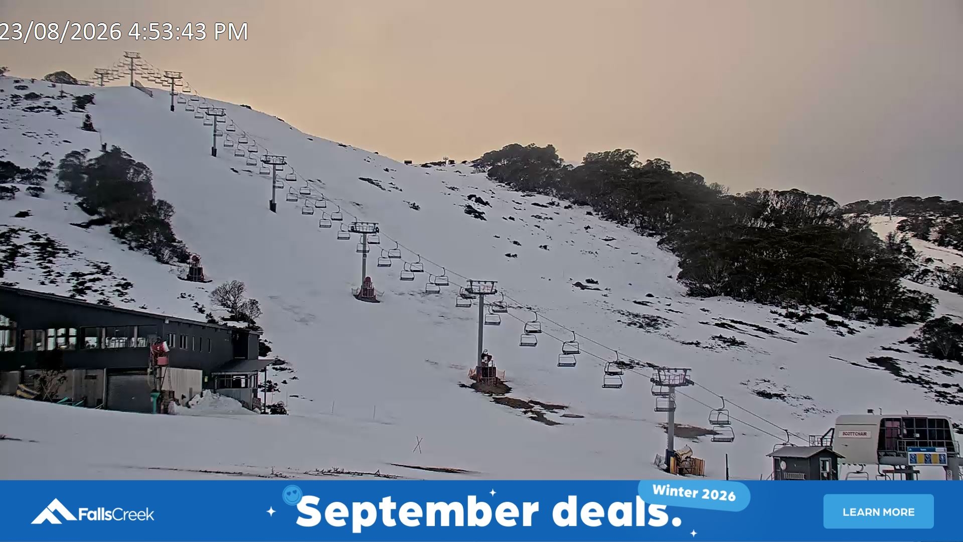 Falls Creek Scott Chair snow cam captured at 23 August 2026 at 5:07 pm AEST