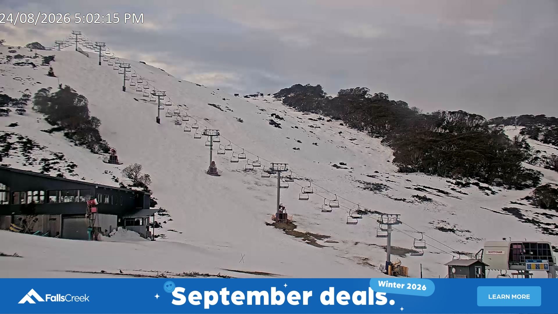 Falls Creek Scott Chair snow cam captured at 24 August 2026 at 5:19 pm AEST