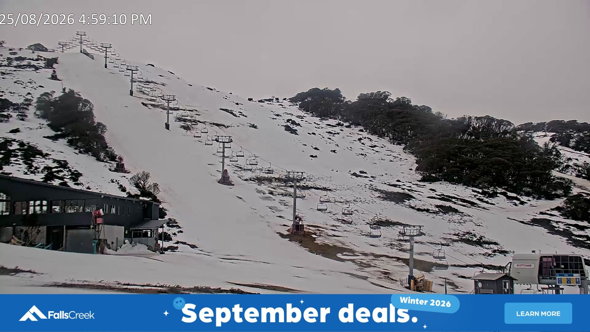 Falls Creek Scott Chair snow cam captured at 25 August 2026 at 5:09 pm AEST