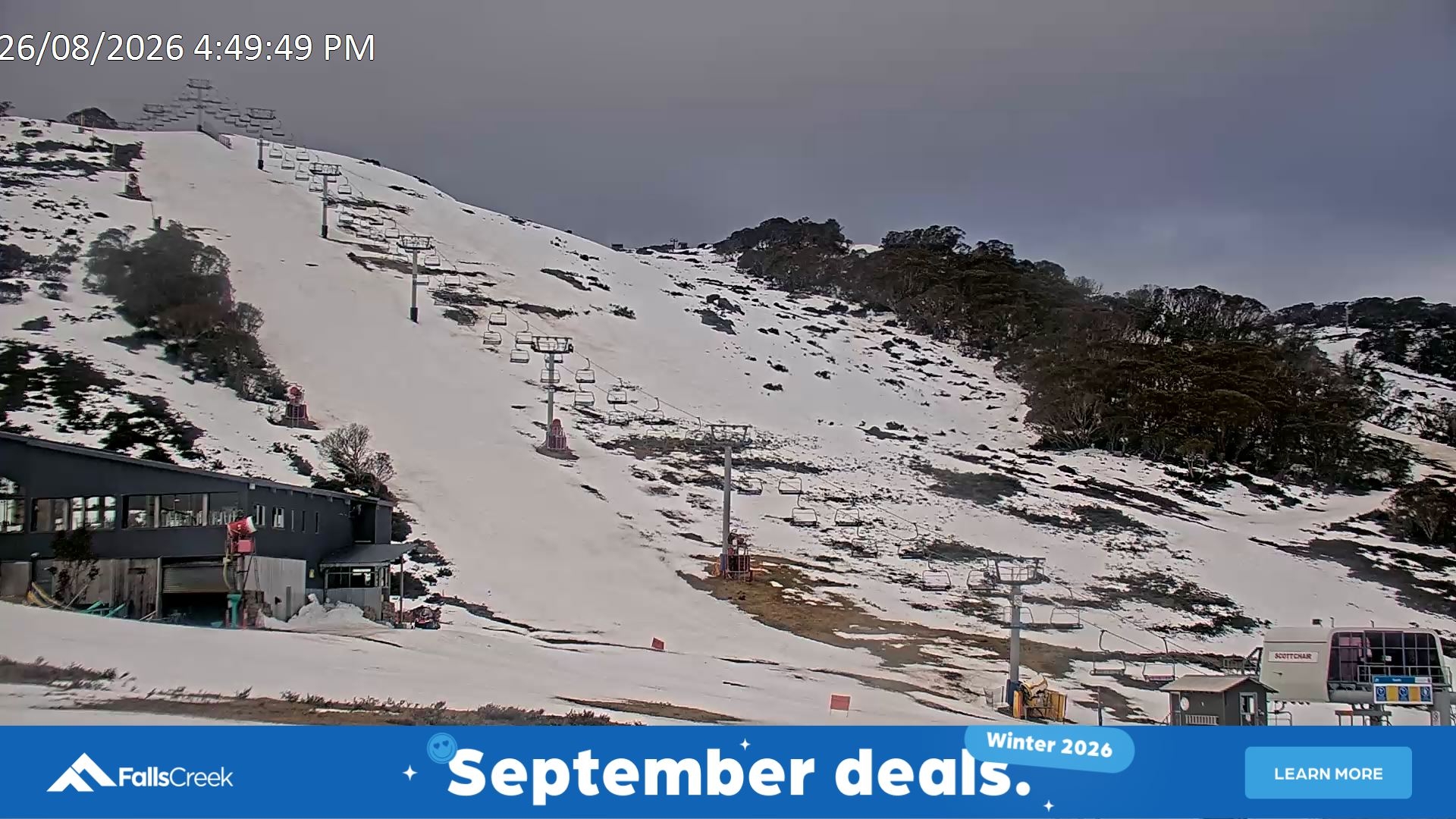 Falls Creek Scott Chair snow cam captured at 26 August 2026 at 5:00 pm AEST