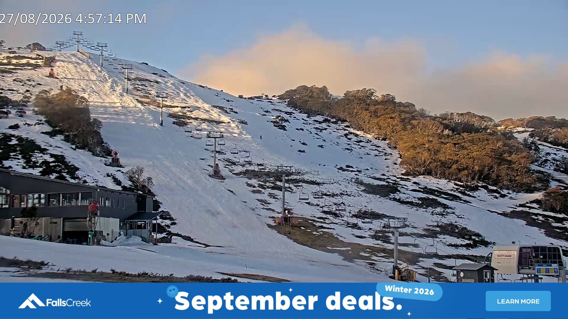 Falls Creek Scott Chair snow cam captured at 27 August 2026 at 5:01 pm AEST