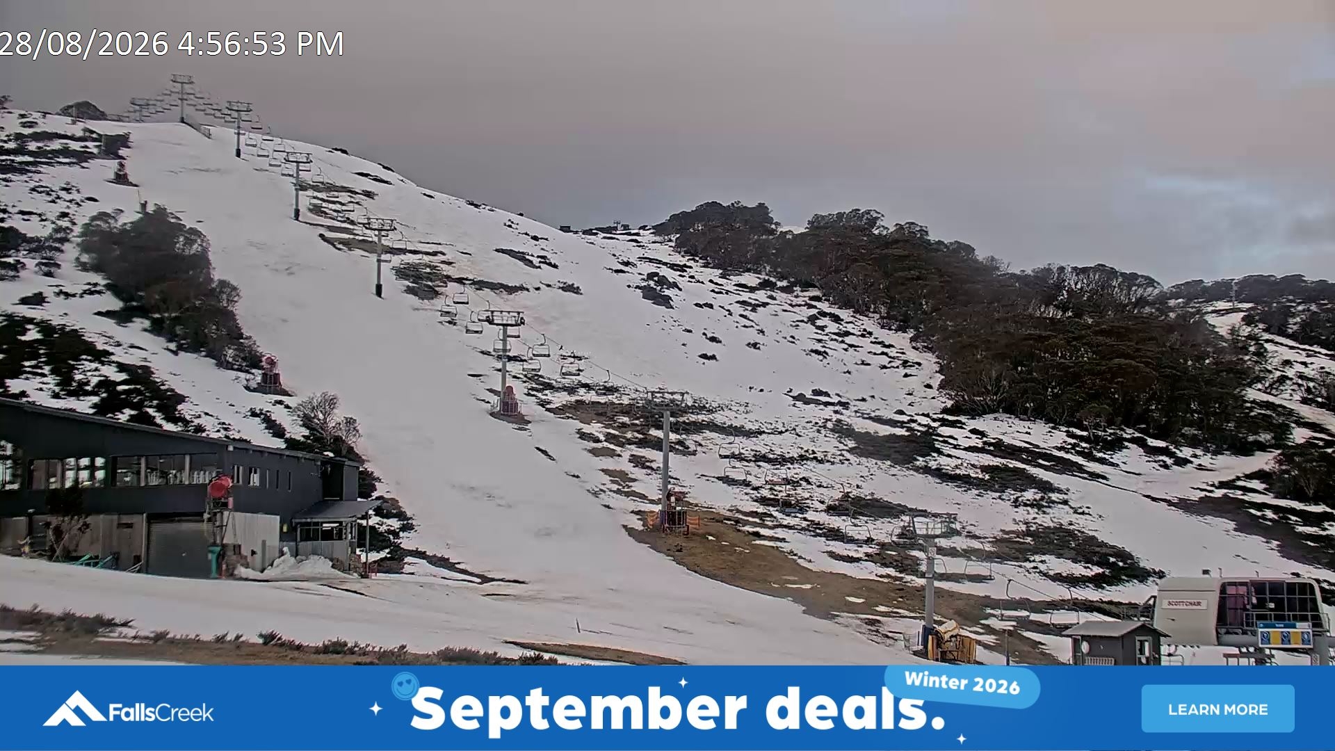 Falls Creek Scott Chair snow cam captured at 28 August 2026 at 5:02 pm AEST