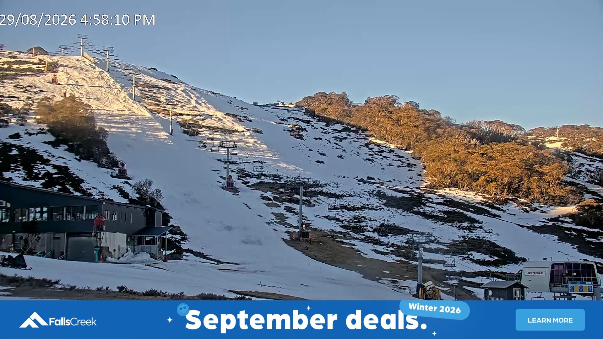 Falls Creek Scott Chair snow cam captured at 29 August 2026 at 5:03 pm AEST