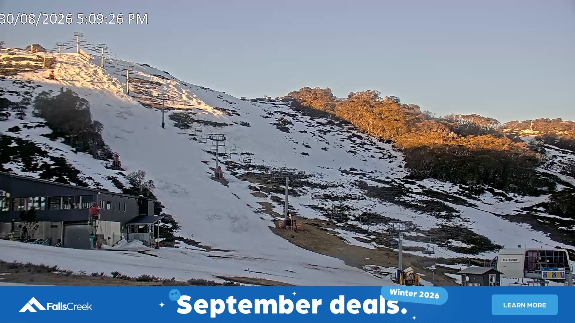 Falls Creek Scott Chair snow cam captured at 30 August 2026 at 5:15 pm AEST