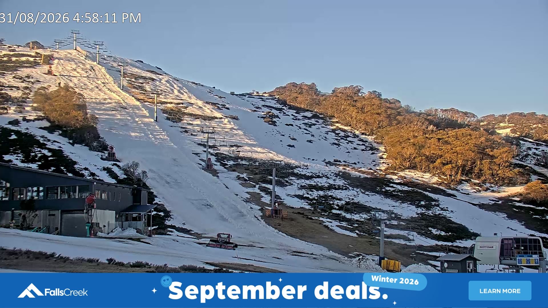 Falls Creek Scott Chair snow cam captured at 31 August 2026 at 5:05 pm AEST
