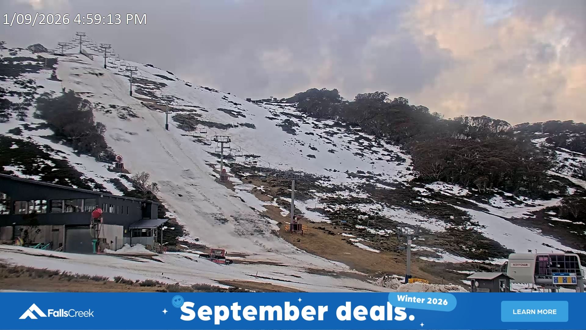 Falls Creek Scott Chair snow cam captured at 1 September 2026 at 5:41 pm AEST