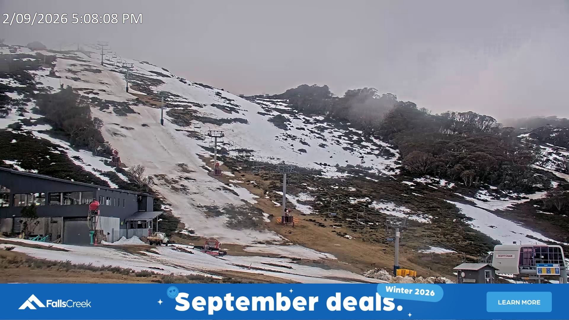 Falls Creek Scott Chair snow cam captured at 2 September 2026 at 5:20 pm AEST