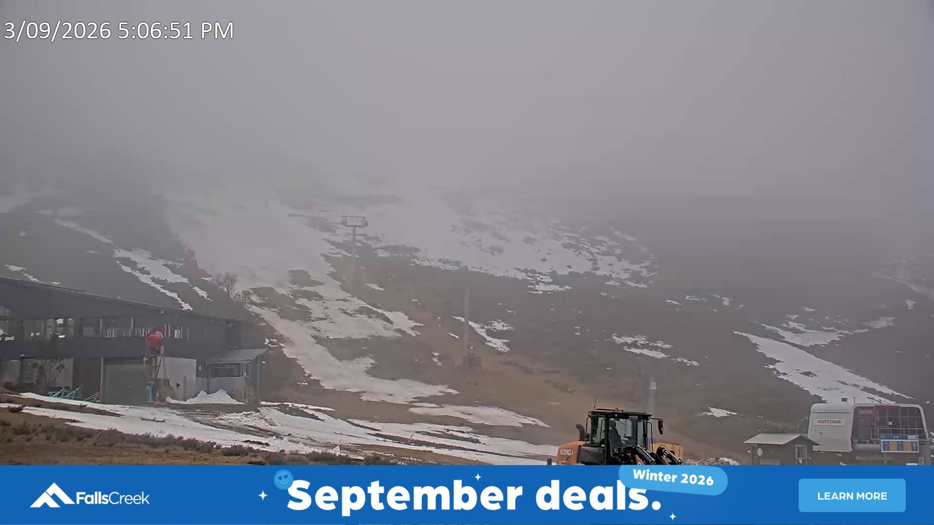 Falls Creek Scott Chair snow cam captured at 3 September 2026 at 5:15 pm AEST