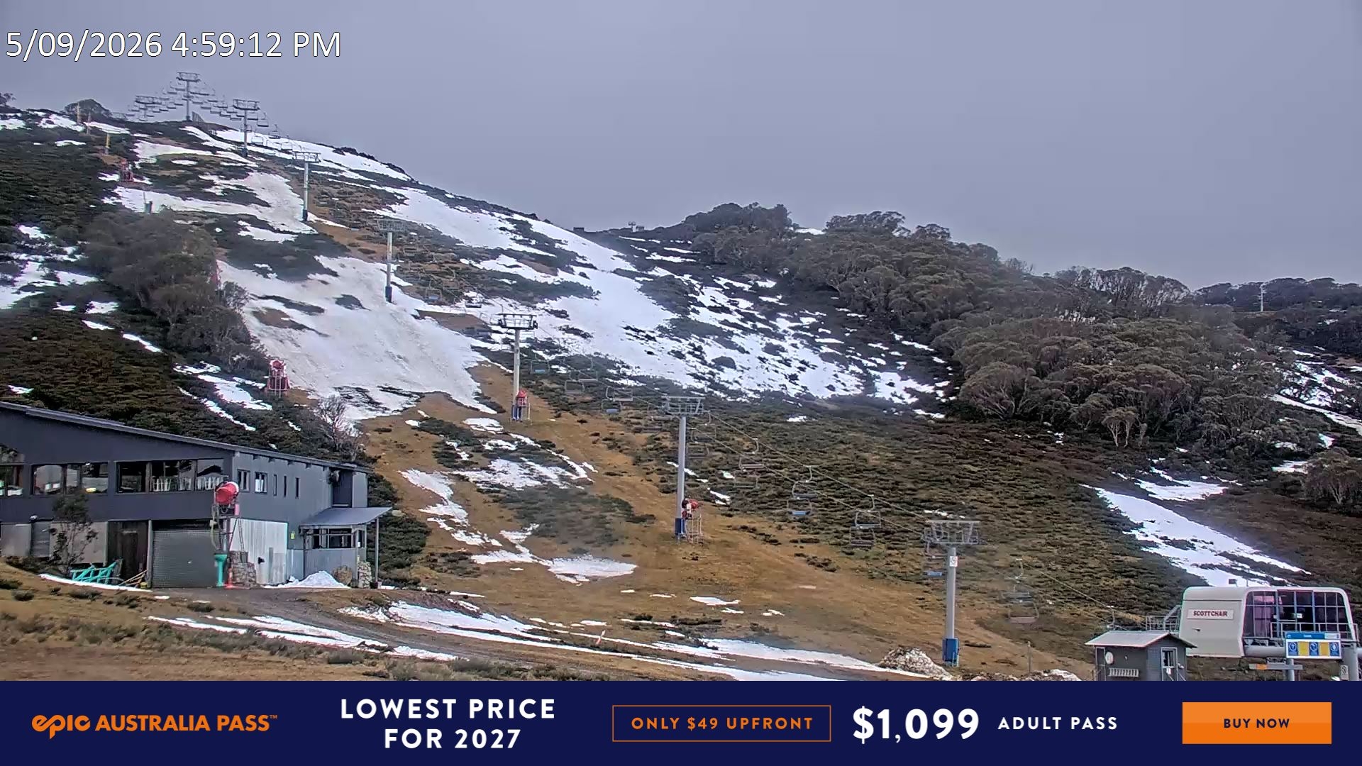 Falls Creek Scott Chair snow cam captured at 5 September 2026 at 5:03 pm AEST