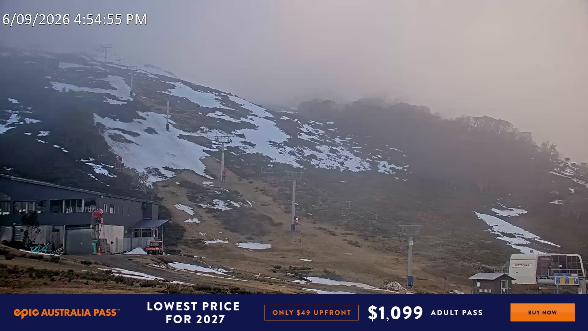 Falls Creek Scott Chair snow cam captured at 6 September 2026 at 5:07 pm AEST